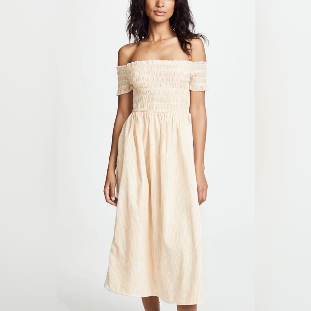 dRA Lana Off the Shoulder Striped Smock Midi Dress